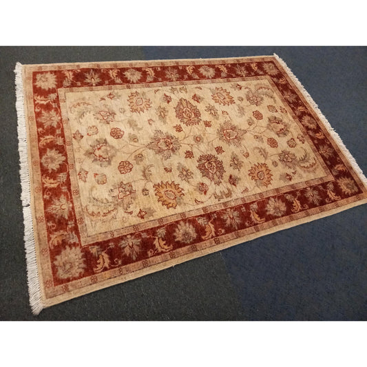 Hand-knotted Chobi Wool Rug - Beige Floral - 141 x 103 cm
