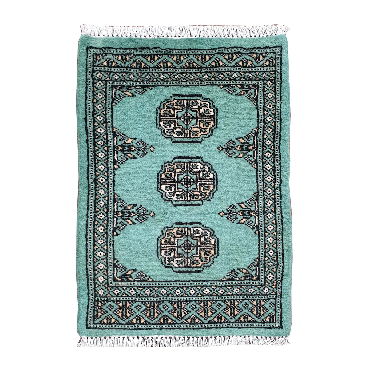 Afghan Bokhara wool rug 66 x 47 cm full view with light turquoise field, ivory gul medallions and fringe