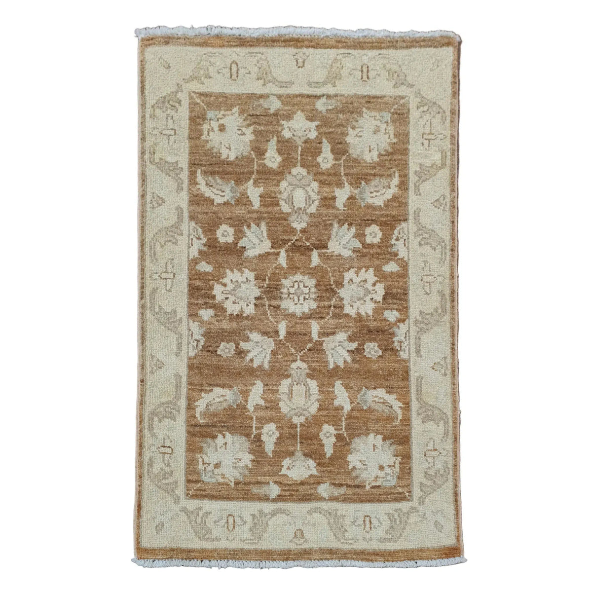 Full view of Afghan Chobi brown medallion rug 94 x 60 cm with beige border