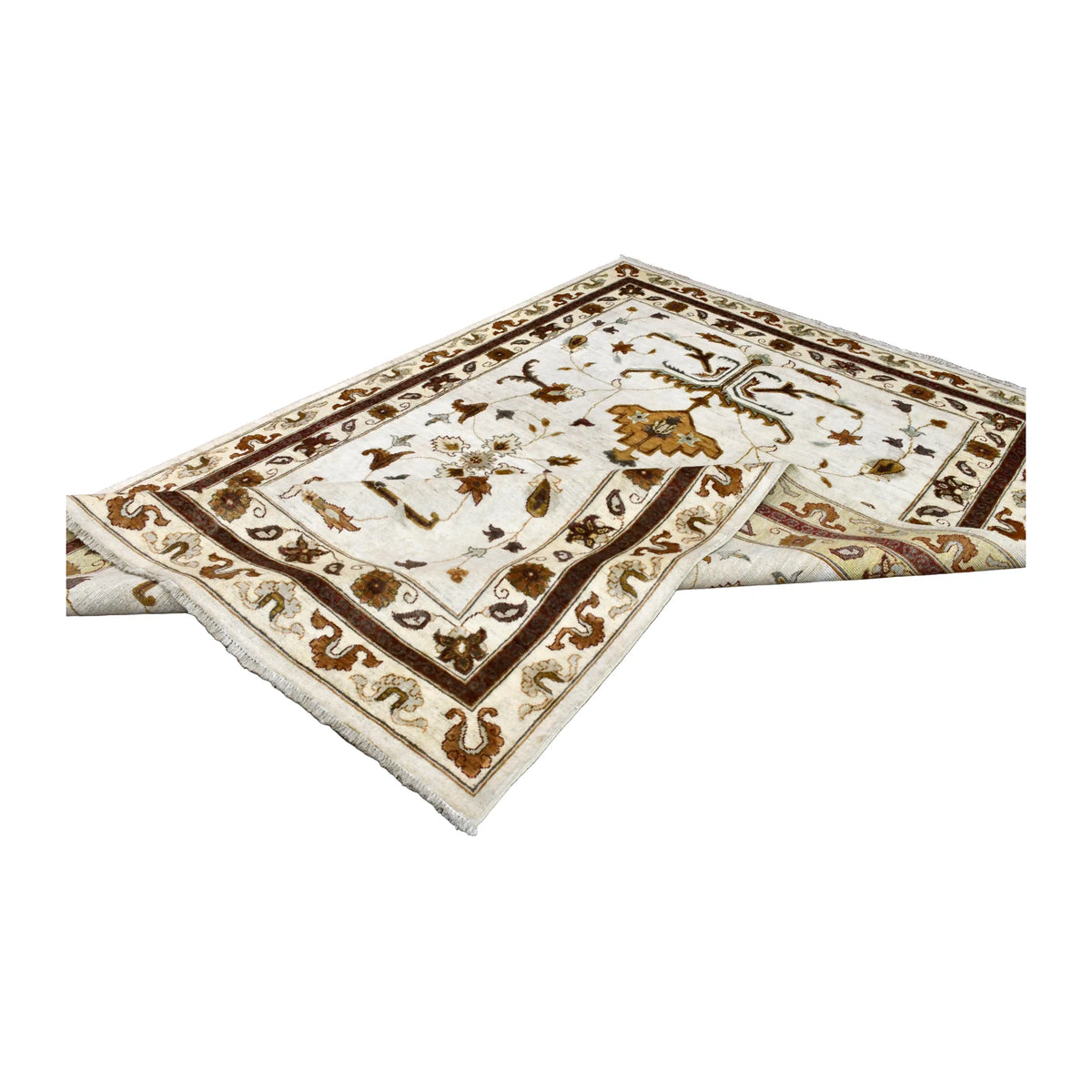 Folded view of Afghan Chobi wool rug showing its ivory botanical field, layered brown borders and white fringe