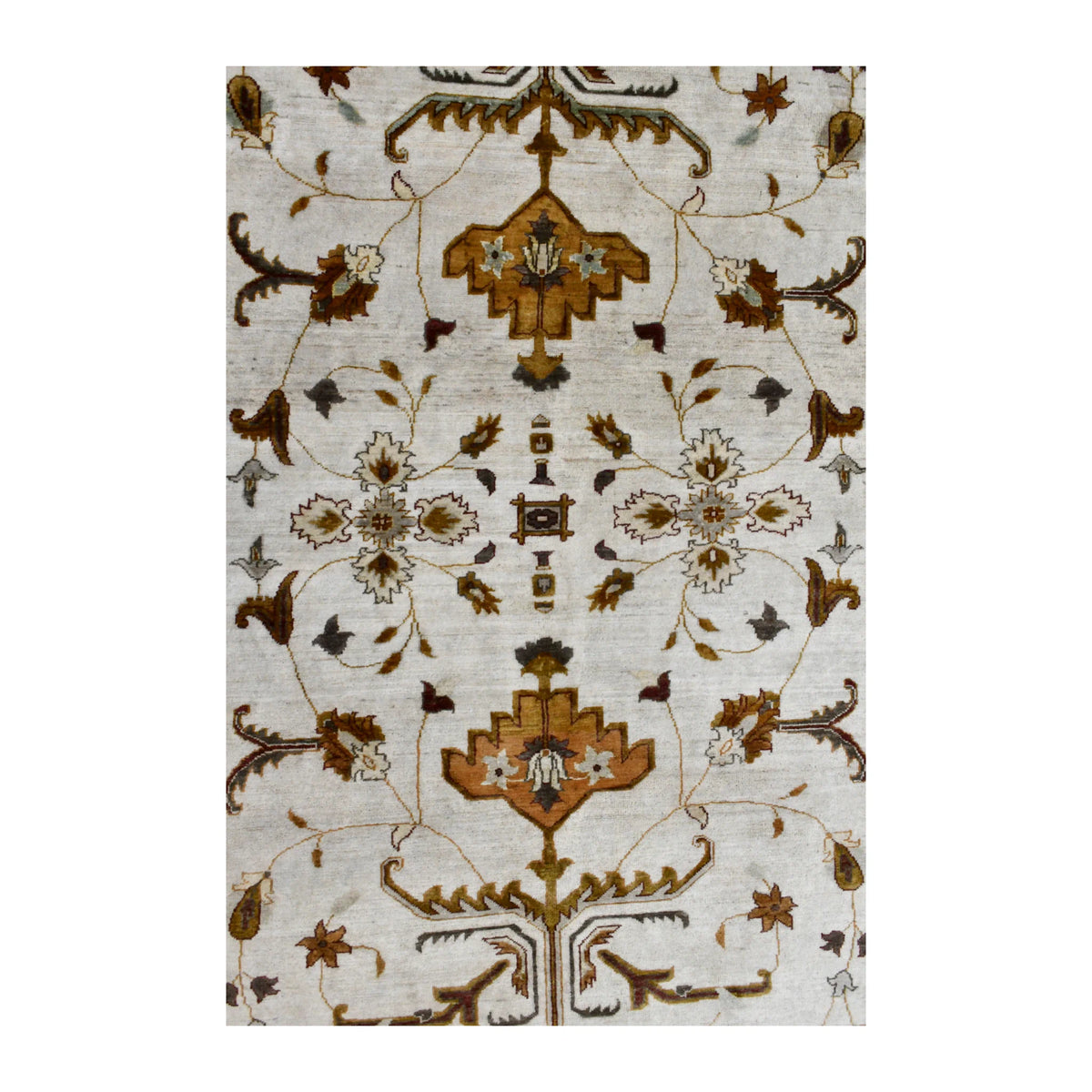Field detail of Afghan Chobi rug showing mirrored ochre palmettes, brown vines and small flowers on ivory