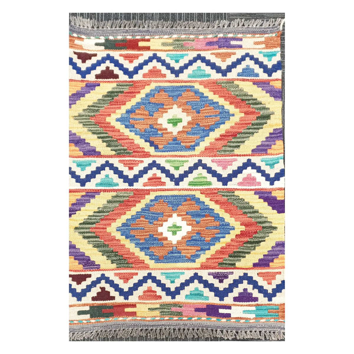 Front view of Afghan Chobi Kilim handwoven wool rug with terracotta double diamond design, 85 x 60 cm