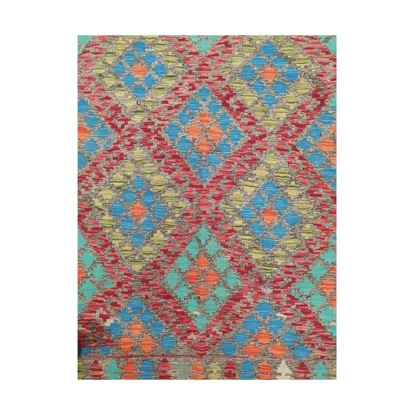 Centre detail of Afghan Chobi Kilim blue medallion rug showing geometric flatweave pattern
