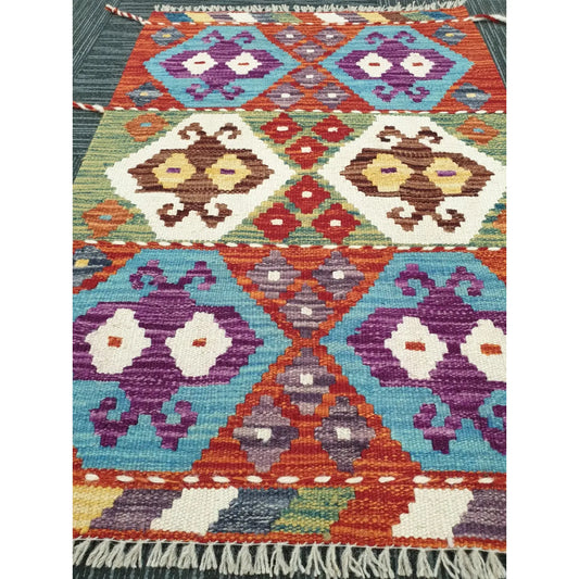 Afghan Chobi Kilim hand-knotted wool rug 88 x 59 cm diamond motif detail