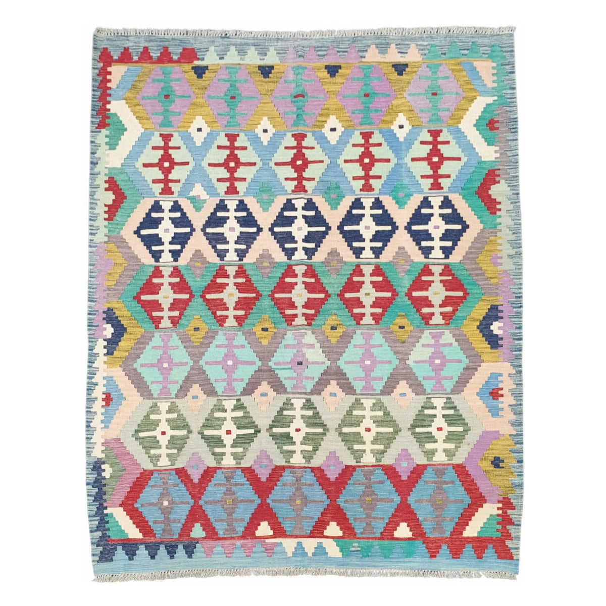 Full view of Afghan Chobi Kilim pastel tribal rug 236 x 184 cm with colourful geometric pattern