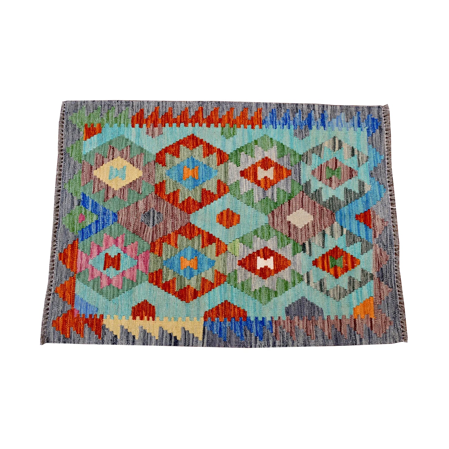 Complete pattern view of Afghan Chobi Kilim rug with aqua, orange, blue, green and ivory geometric design