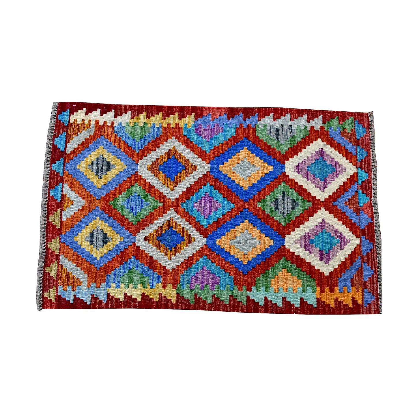 Top view of Afghan Chobi Kilim rug with burgundy-red field, orange lattice and multicolour diamond motifs