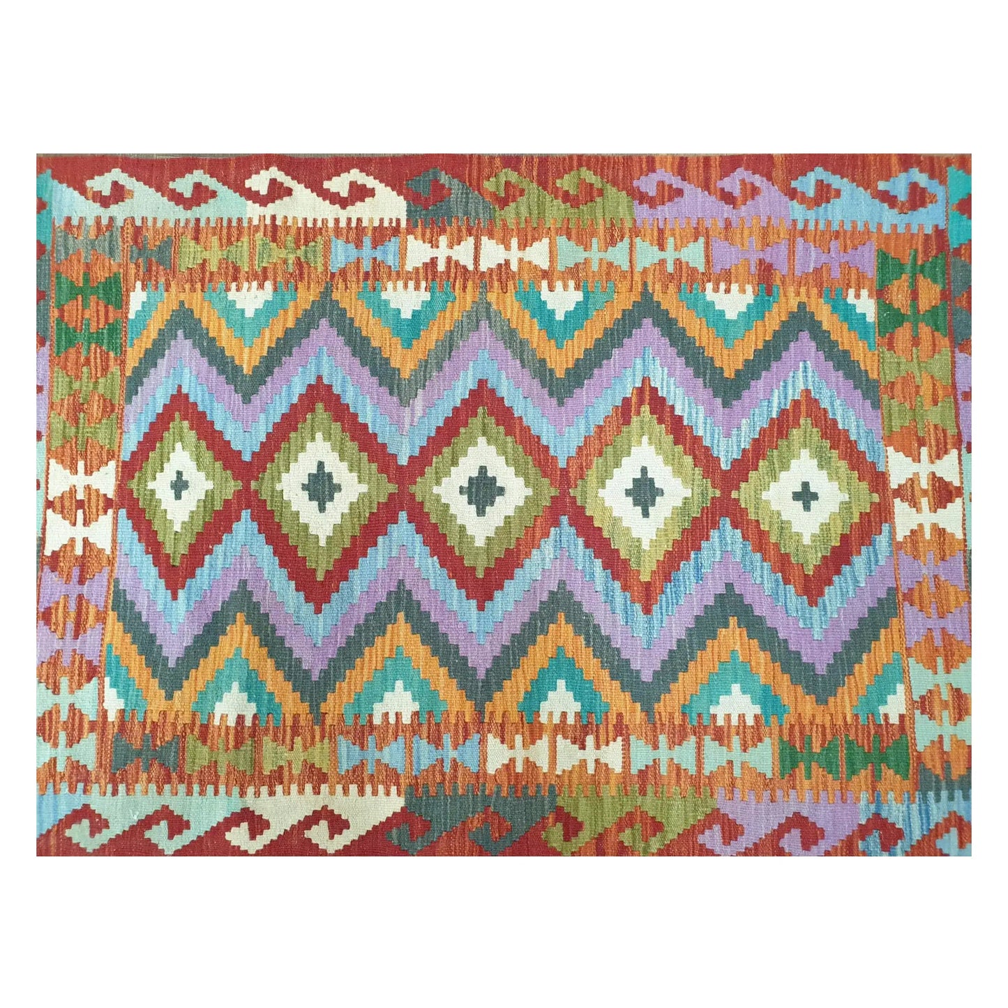 Pattern detail of Afghan Chobi Kilim rug showing orange, teal and ivory motifs