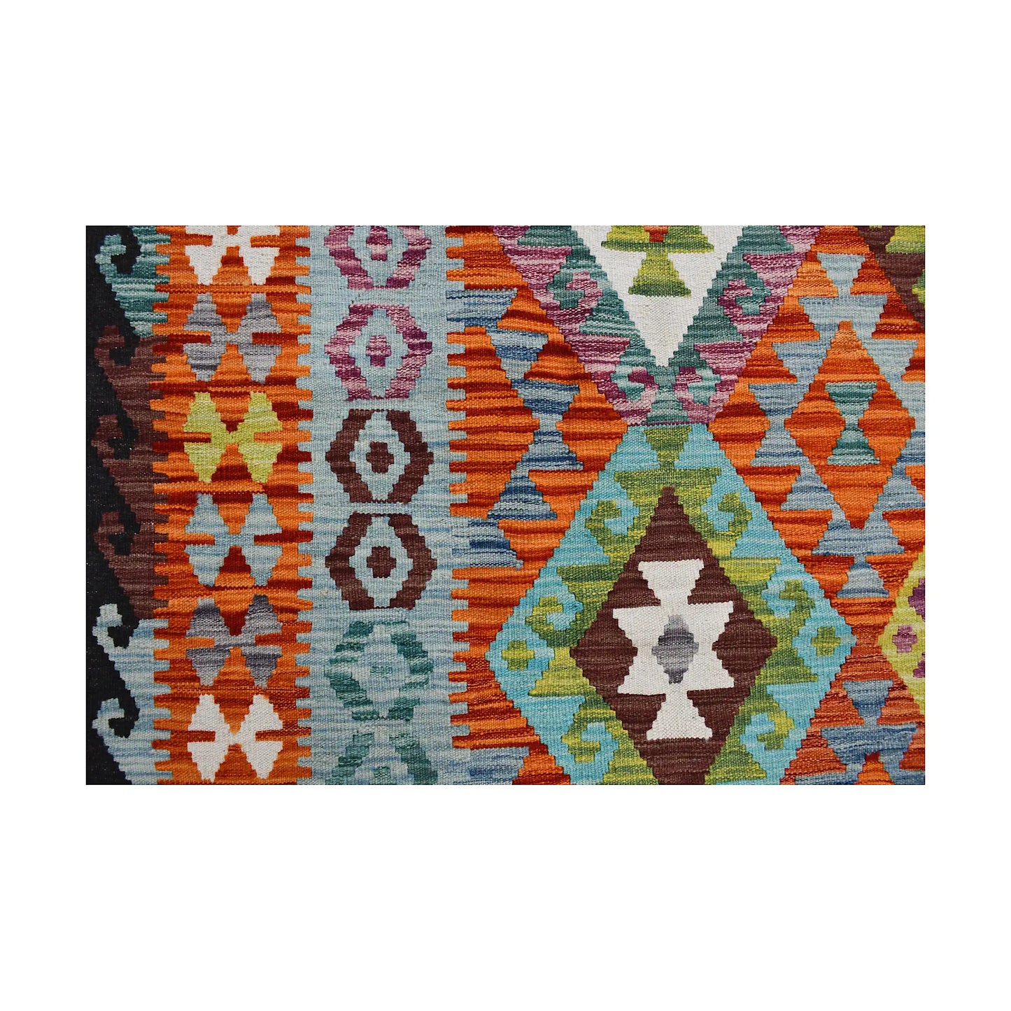 Diamond motif close-up of Afghan Chobi Kilim rug with pale aqua ground and multicolour flatwoven detail