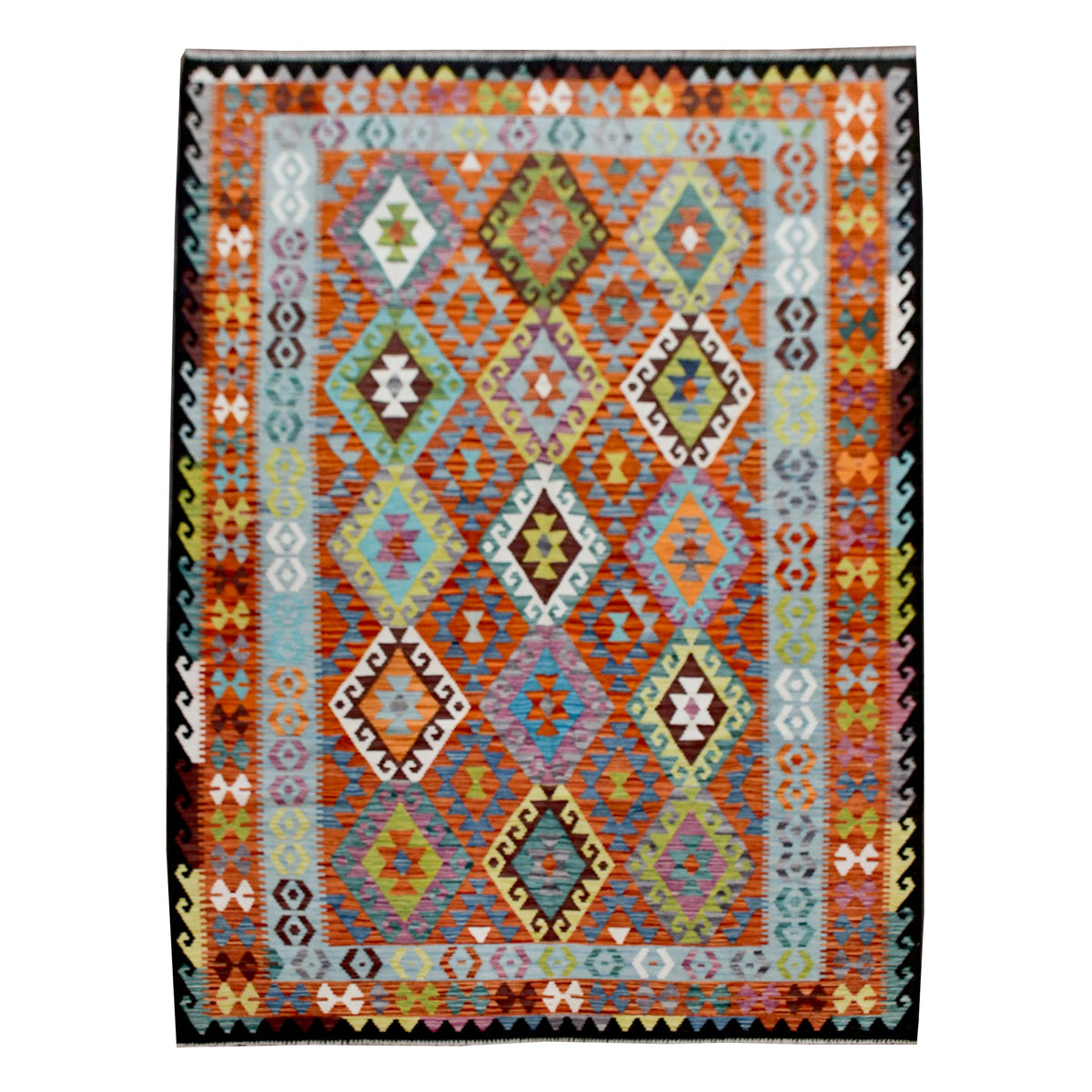 Afghan Chobi Kilim rug 296 x 205 cm full view with pale aqua, rust and multicolour geometric pattern