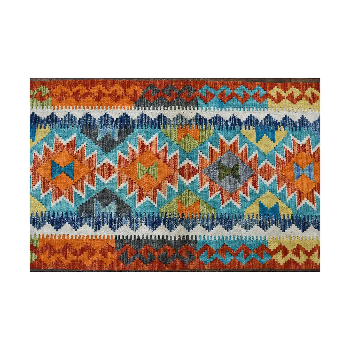 Close-up of Afghan Chobi Kilim runner showing multicolour geometric medallions and border pattern
