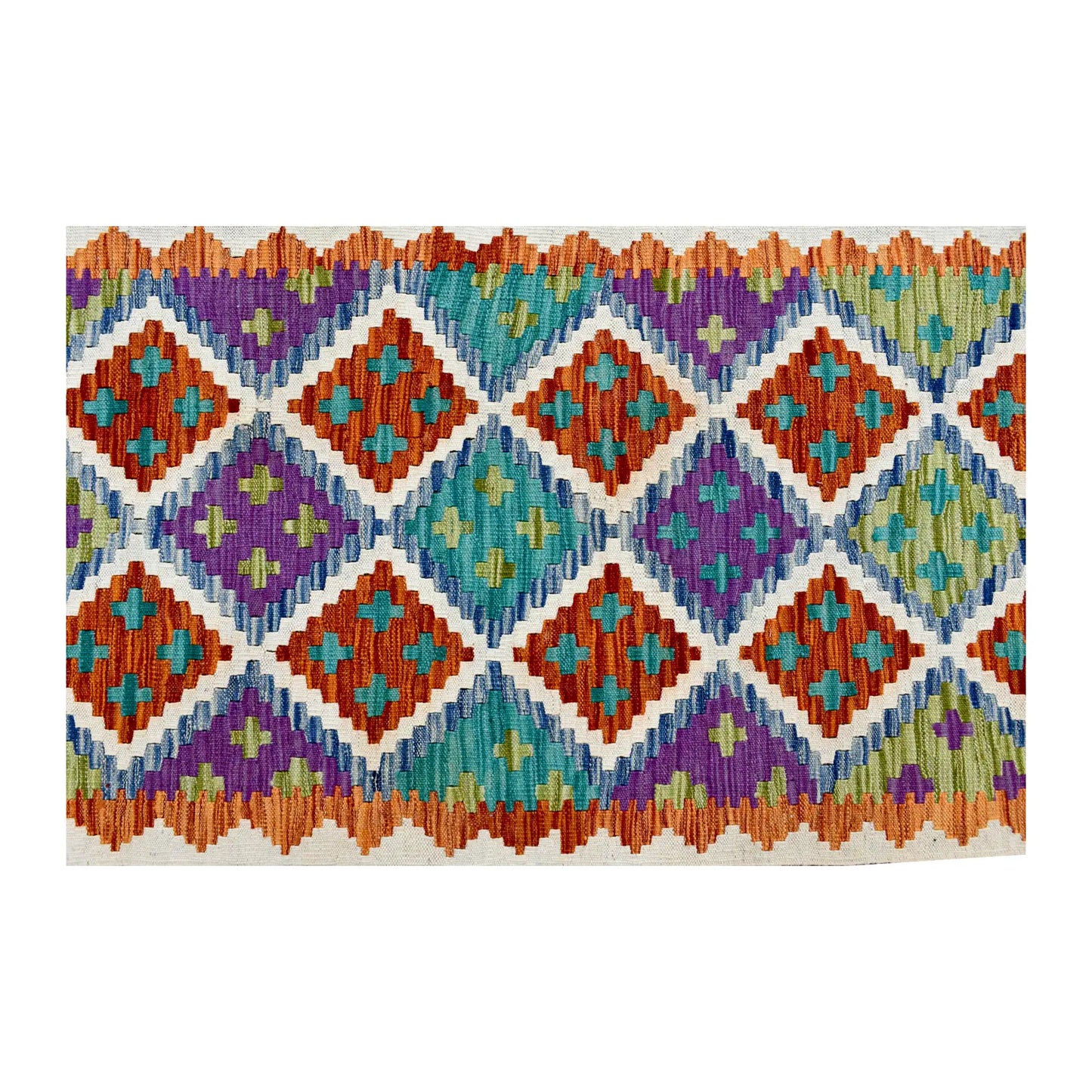 Overhead pattern detail of Afghan Chobi Kilim runner showing coral, turquoise, lilac and sage geometric motifs