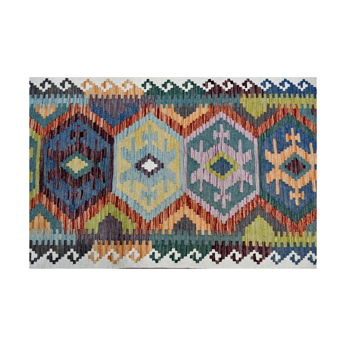 Field pattern detail of Afghan Chobi Kilim runner showing teal, olive, ochre and rust geometric diamond motifs