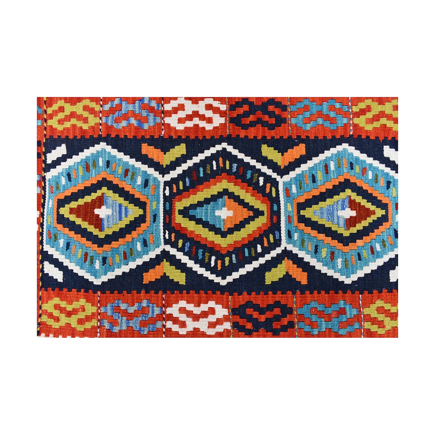 Close-up of Afghan Chobi Kilim wool rug showing colourful diamond medallions and stepped geometric pattern