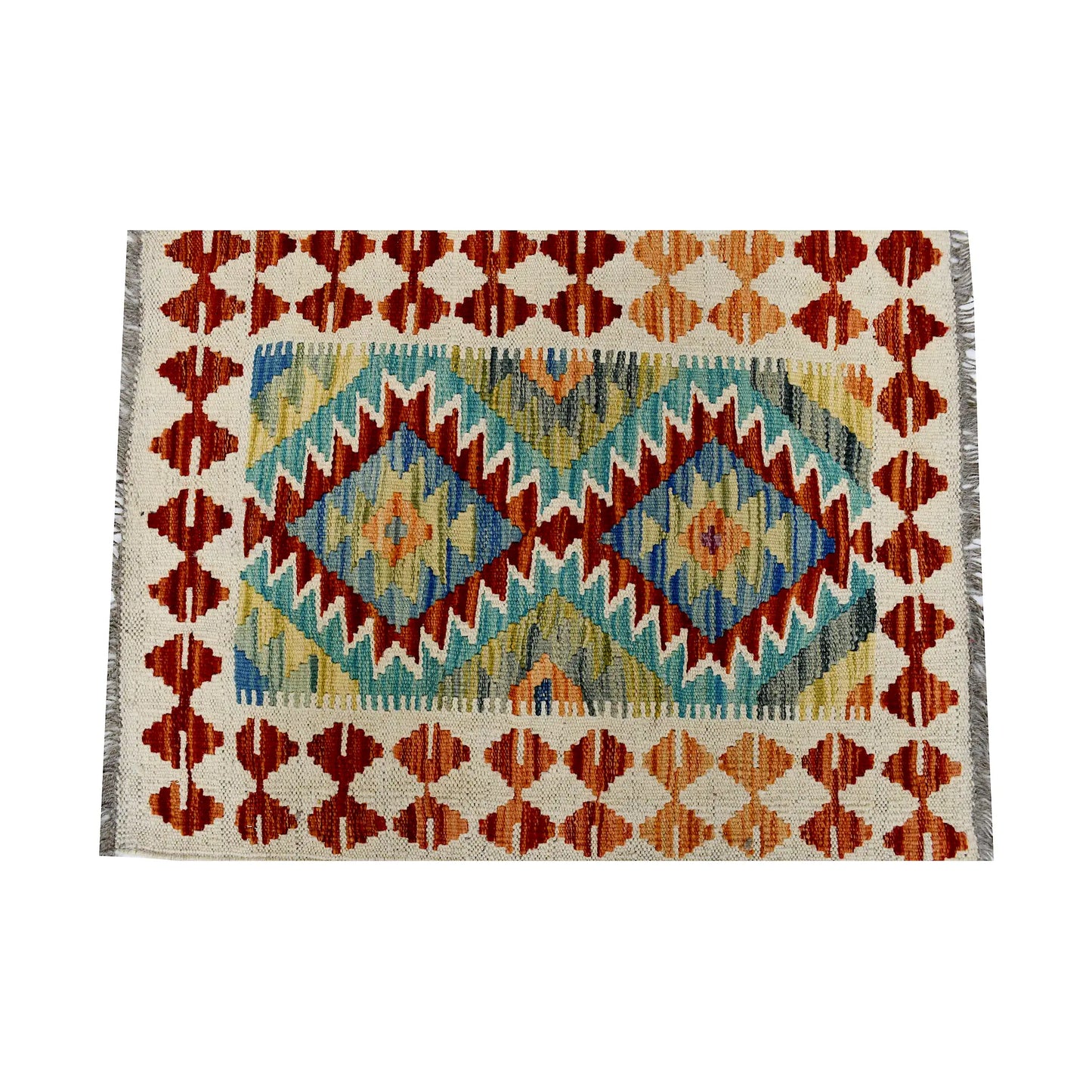 Close-up of Afghan Chobi Kilim wool rug showing teal twin diamond medallions, ivory ground and colourful geometric border