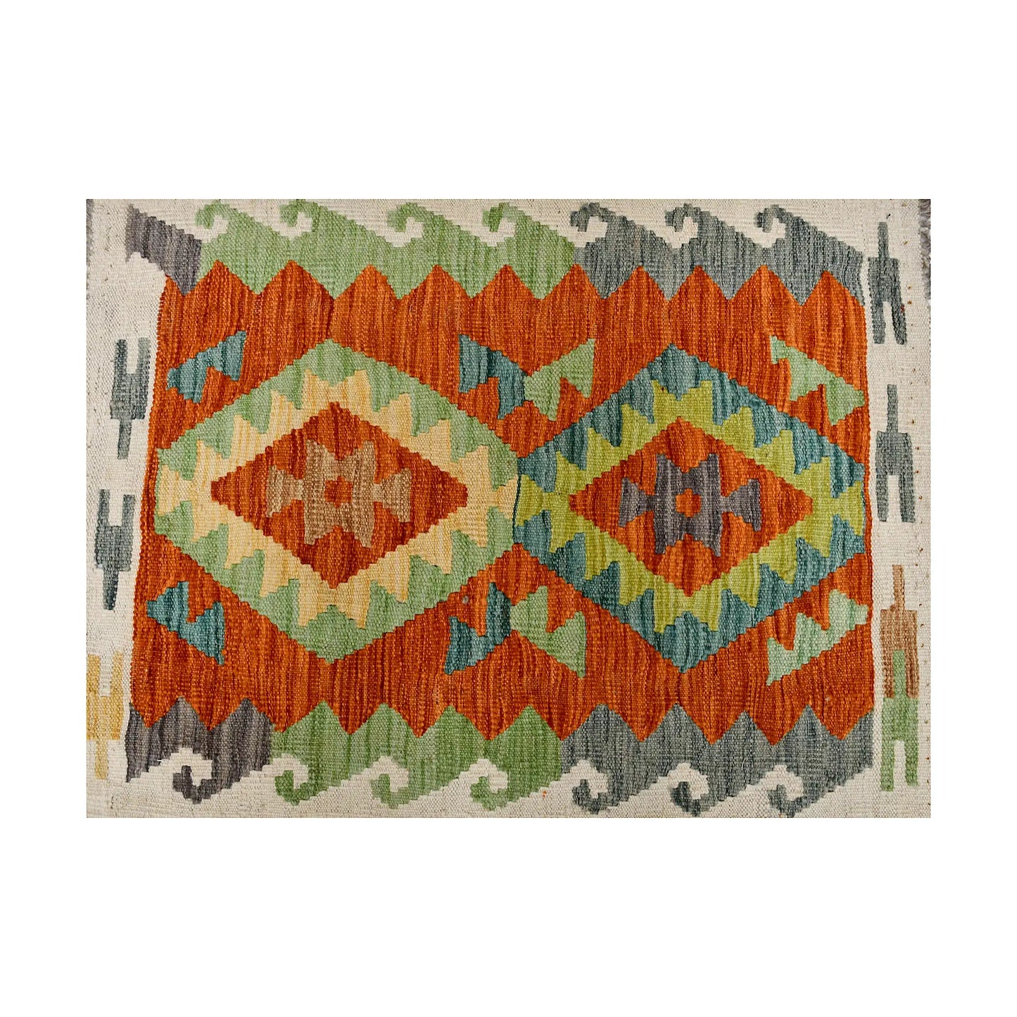 Close-up of Afghan Chobi Kilim wool rug showing ivory orange twin diamond panel with teal and sage green border detail