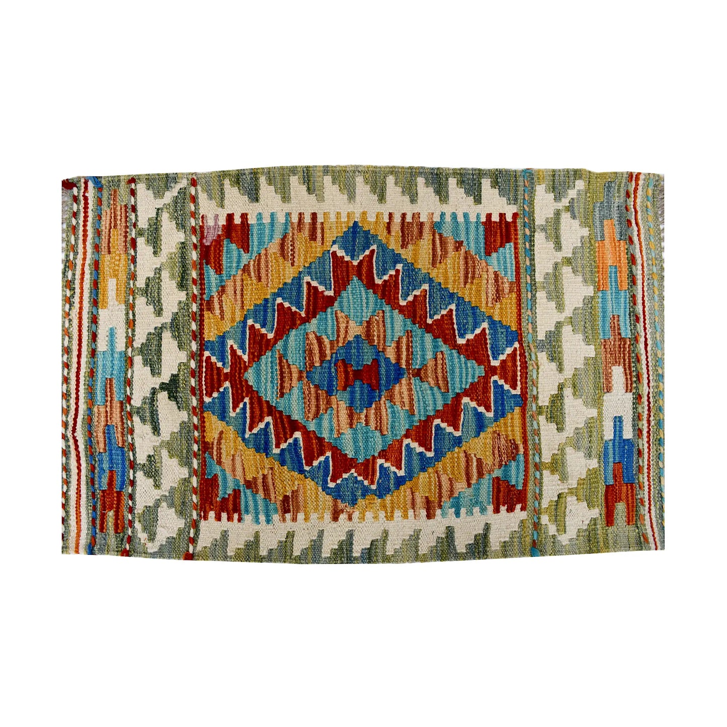 Close-up of Afghan Chobi Kilim wool rug showing ivory field, central diamond medallion and multicolour tribal border