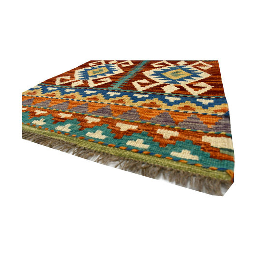 Afghan Chobi Kilim 83 x 59 cm angled view showing flatweave texture and fringe