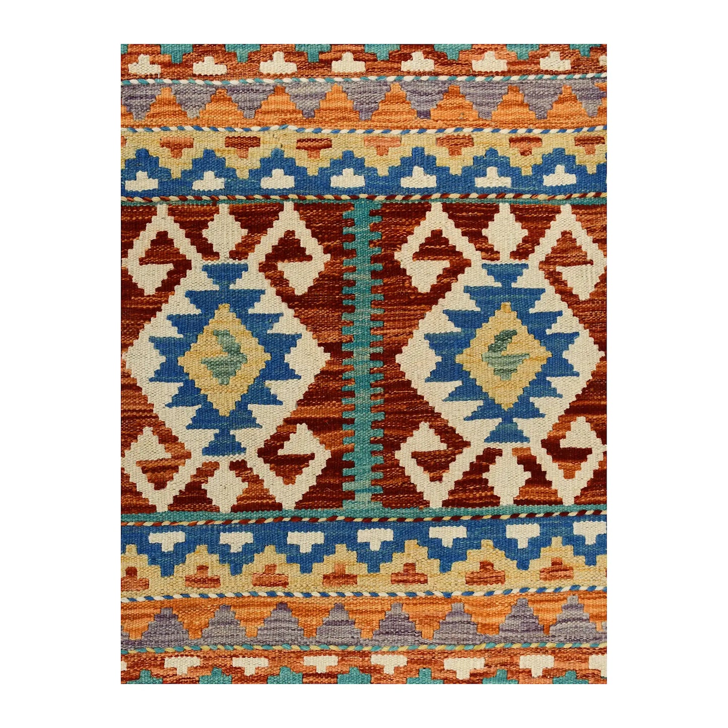 Afghan Chobi Kilim wool rug 83 x 59 cm full view with colourful geometric bands