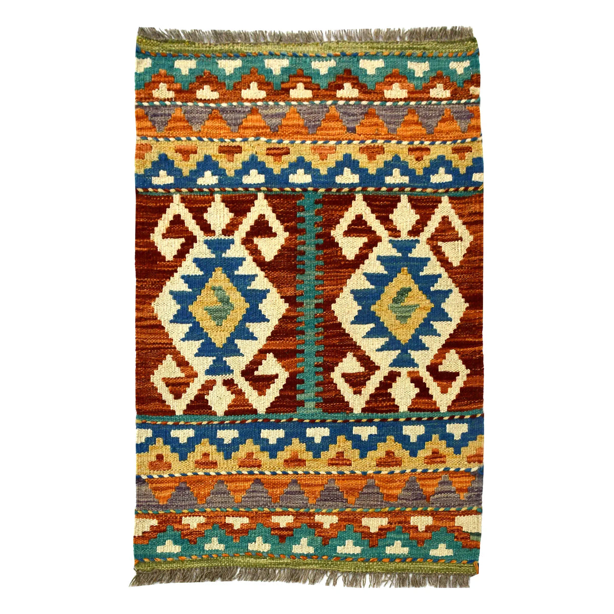 Afghan Chobi Kilim wool rug 83 x 59 cm with twin diamond medallions