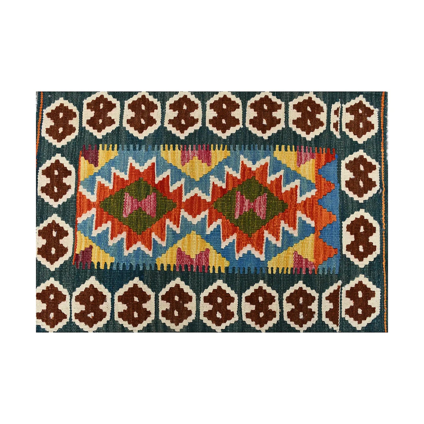 Close-up of Afghan Chobi Kilim wool rug showing teal rust double diamond panel with ivory and brown border motifs