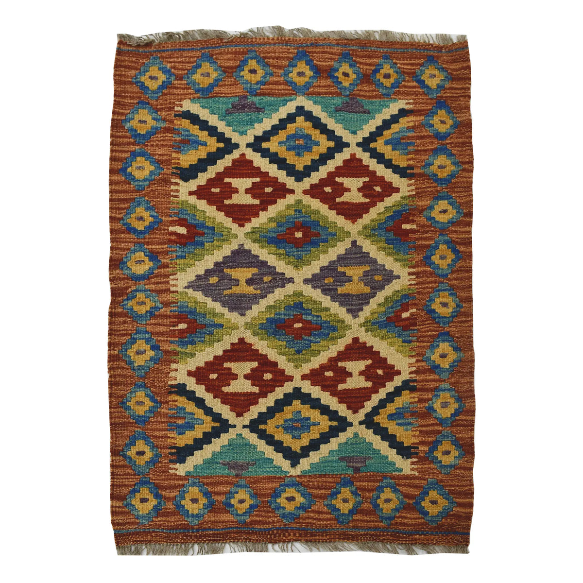 Afghan Chobi Kilim wool rug 85 x 60 cm full view with rust diamond lattice pattern, blue border and fringe