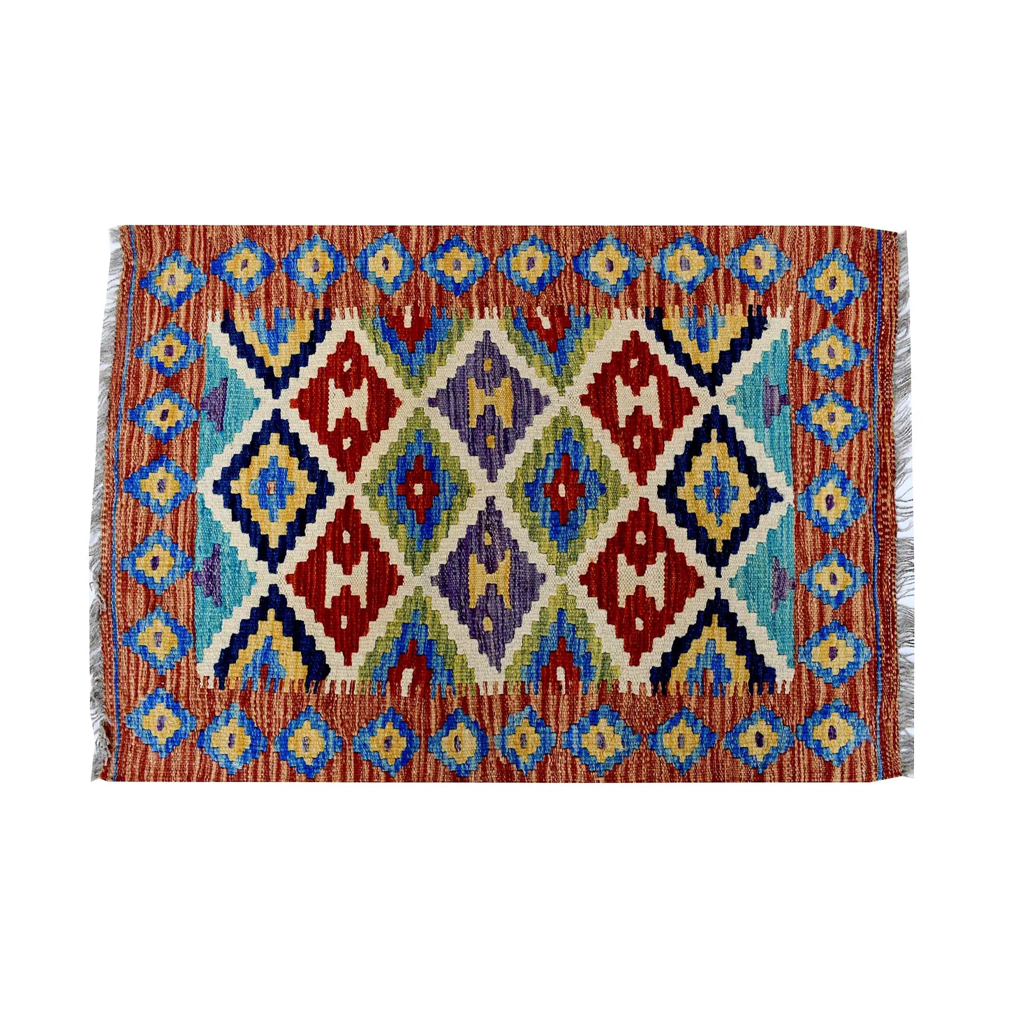 Close-up of Afghan Chobi Kilim wool rug showing rust diamond lattice, blue border motifs and multicolour tribal detail