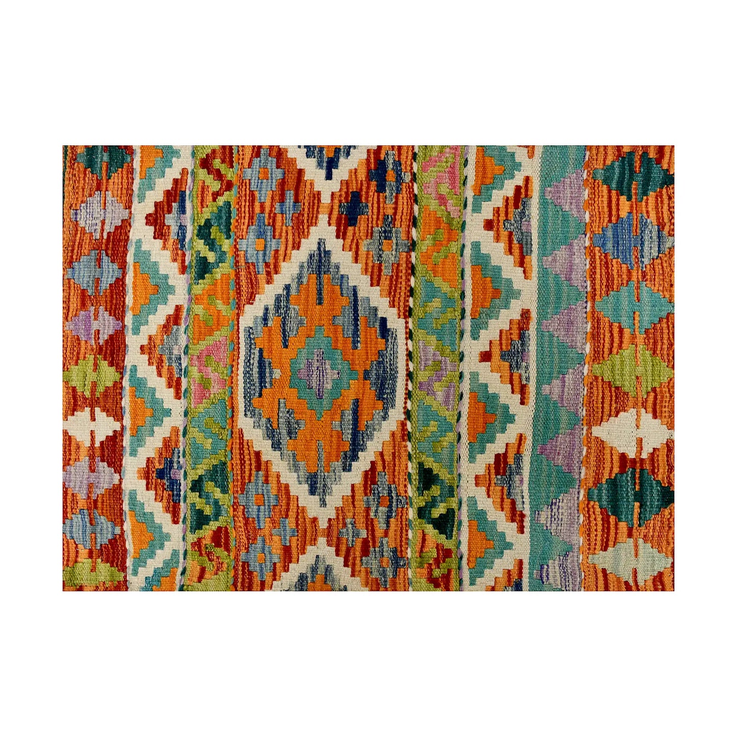 Close-up of Afghan Chobi Kilim wool rug showing rust teal mosaic panel with orange, blue, ivory and mustard motifs