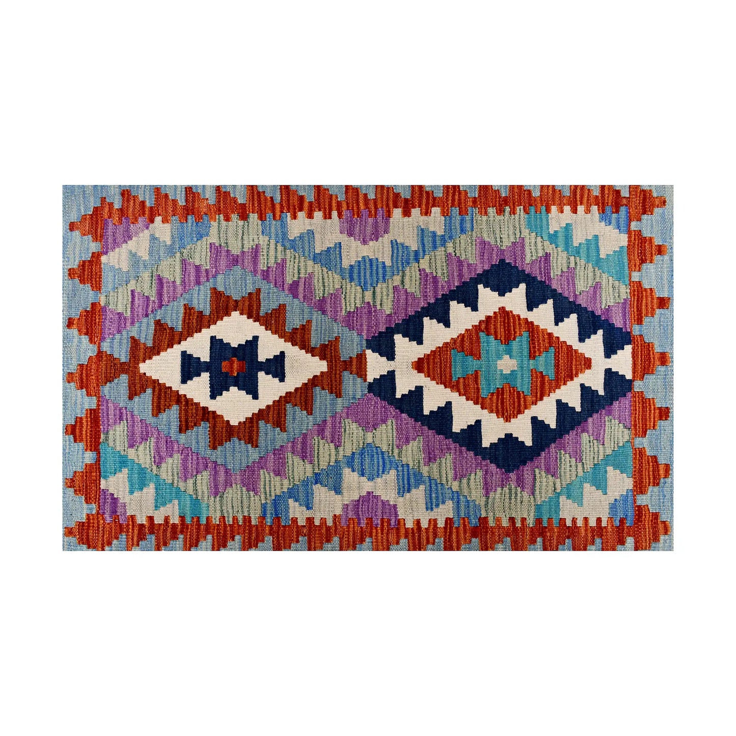 Close-up of Afghan Chobi Kilim wool rug showing pastel aqua twin diamond panel with navy, rust and ivory details