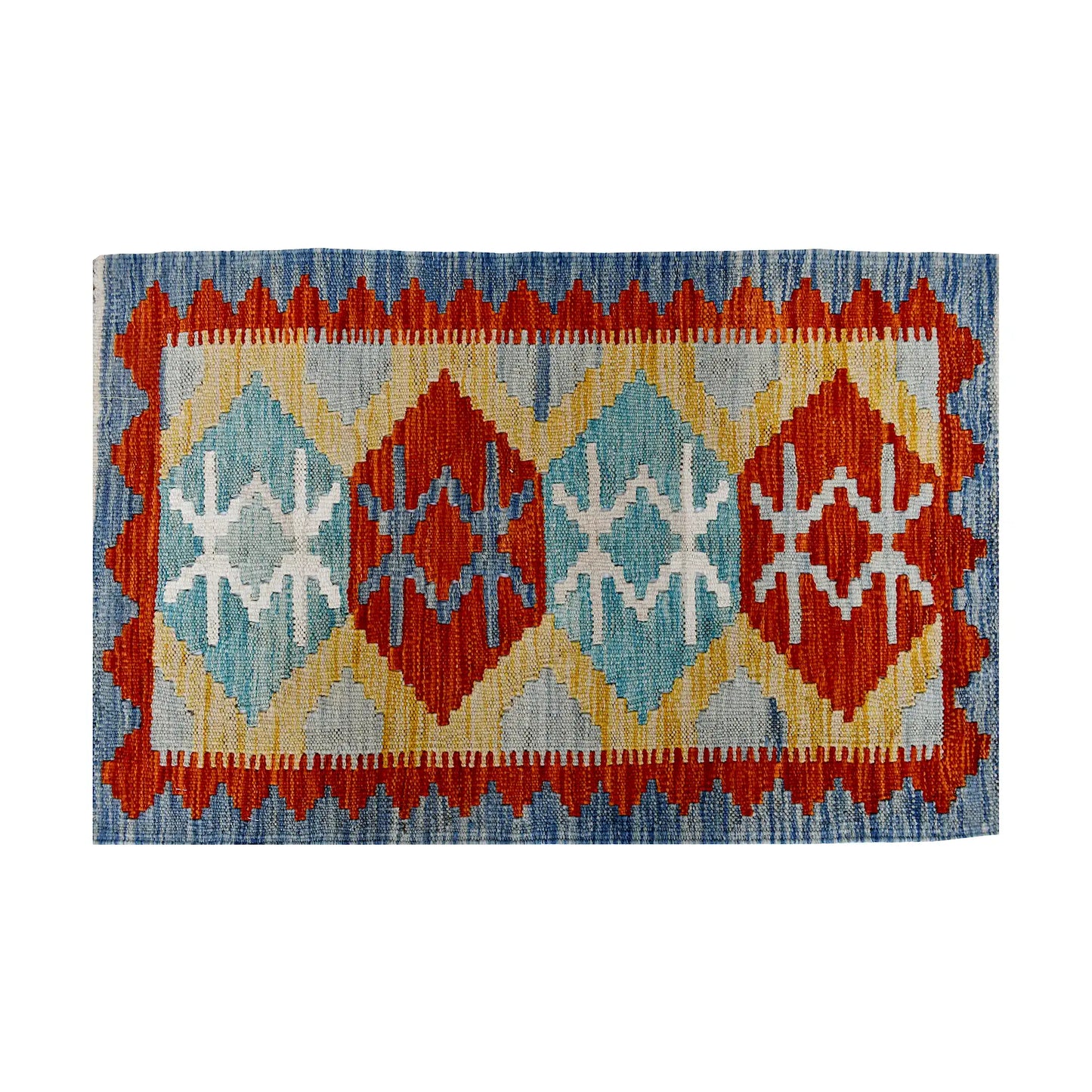 Close-up of Afghan Chobi Kilim wool rug showing blue and rust-red diamond motifs with ivory tribal details