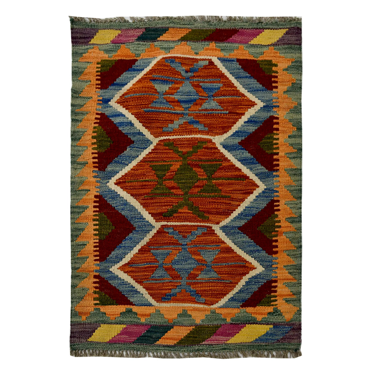 Afghan Chobi Kilim wool rug 94 x 63 cm full view with rust blue zigzag medallion panel, olive border and fringe