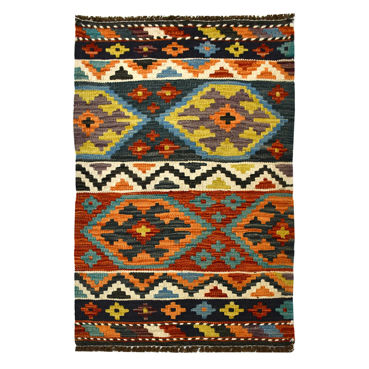 Afghan Chobi Kilim wool rug 97 x 58 cm full view with sky blue, rust and ivory banded geometric pattern