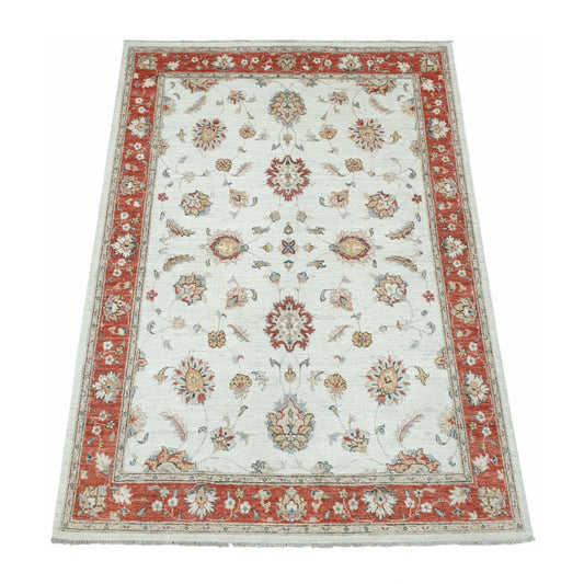 Angled full view of Afghan Chobi red border rug showing floral pattern layout