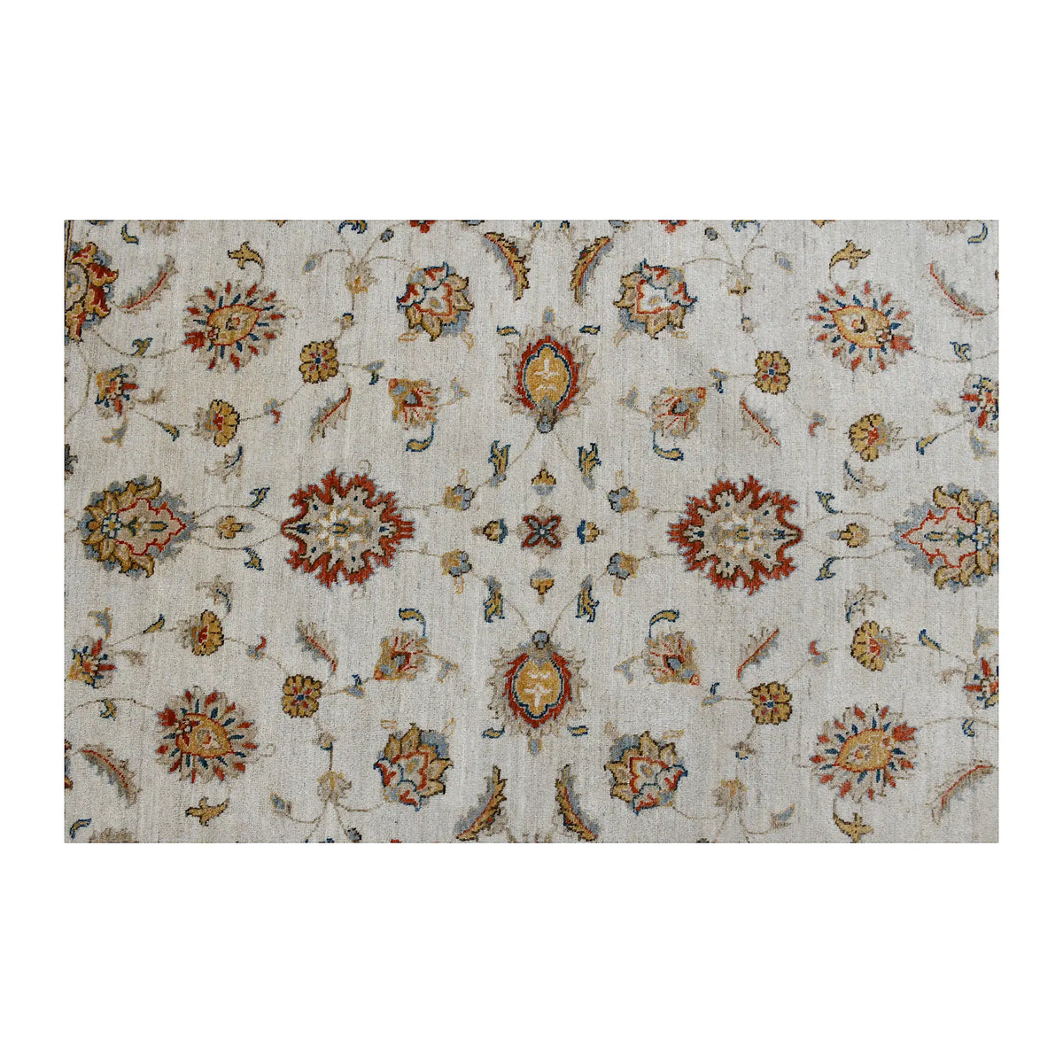 Field detail of Afghan Chobi rug showing repeating floral rosettes and scrolling vines on an off-white ground