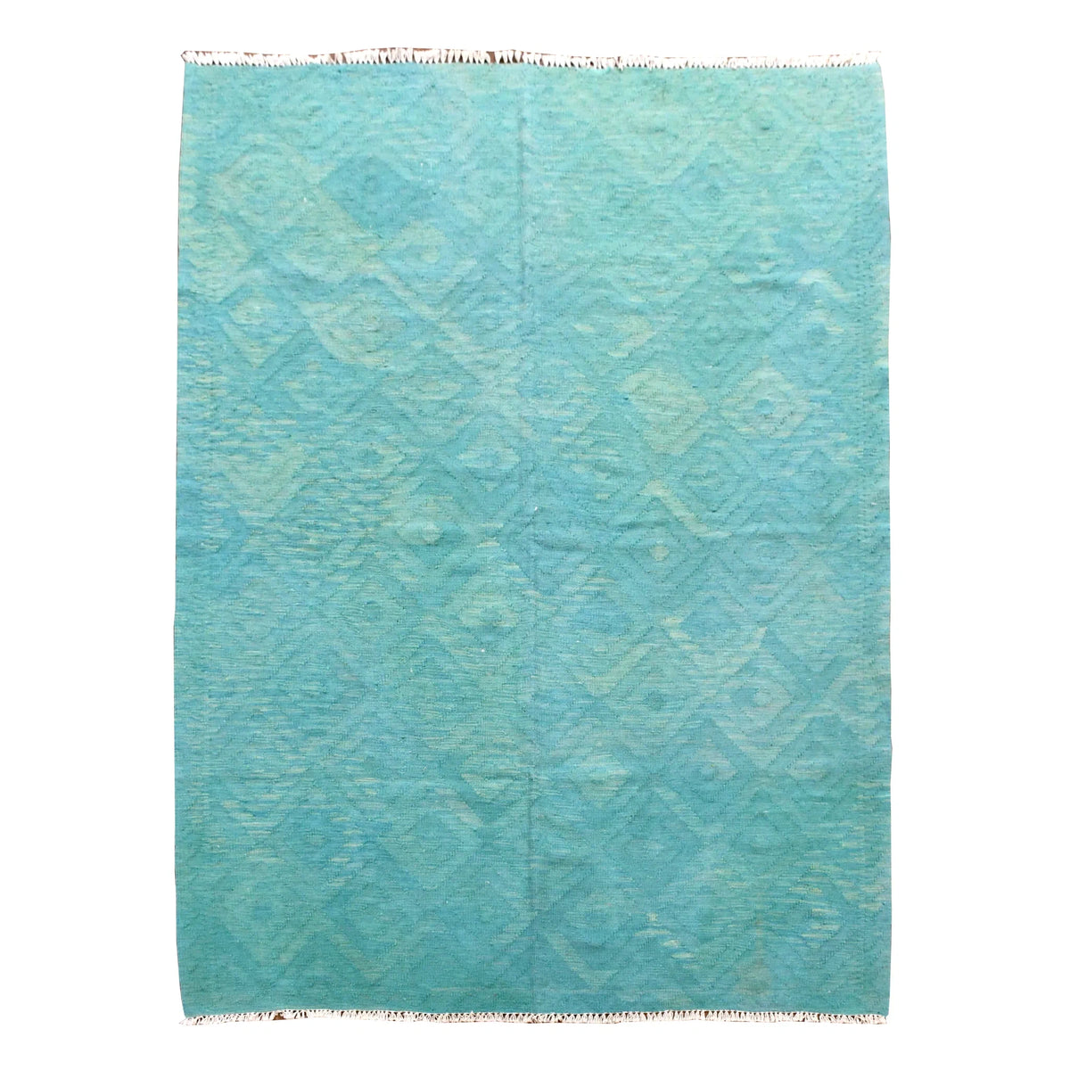 Full view of Afghan Chobi wool kilim with blue-green colour, a subtle diamond lattice and ivory fringe, 231 x 171 cm