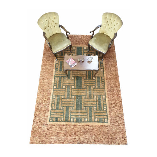 Afghan Gabbeh hand-knotted wool rug styled with furniture showing brown and green geometric design