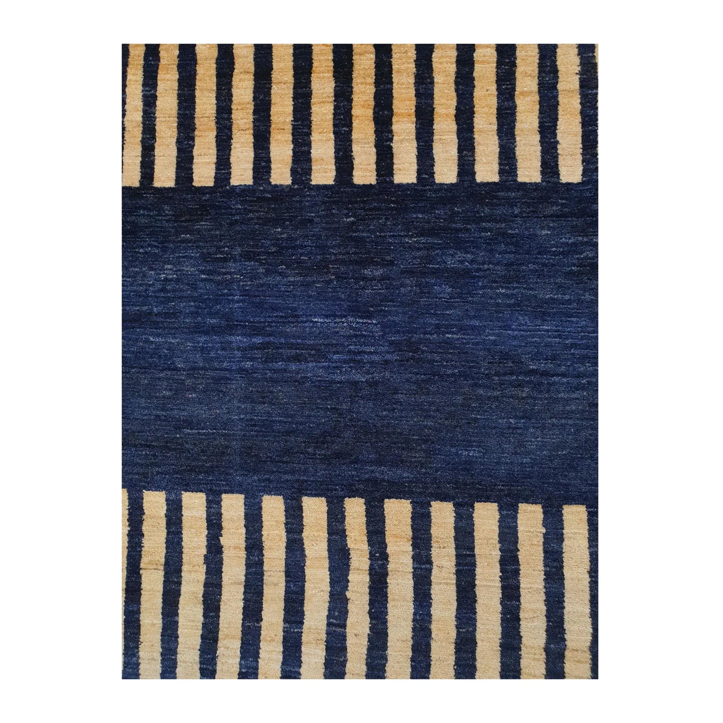 Field-stripe detail of Afghan Gabbeh wool rug with navy and beige minimalist pattern, 149 x 95 cm