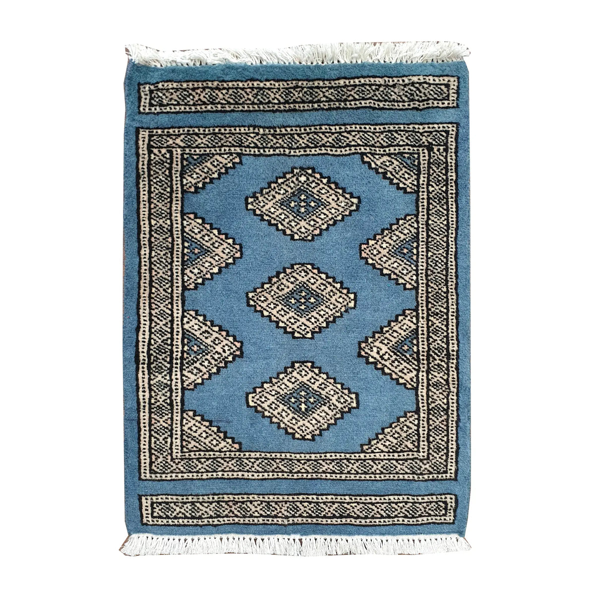 Afghan Jaldar wool rug 64 x 48 cm full view with blue field, ivory diamond motifs and fringe