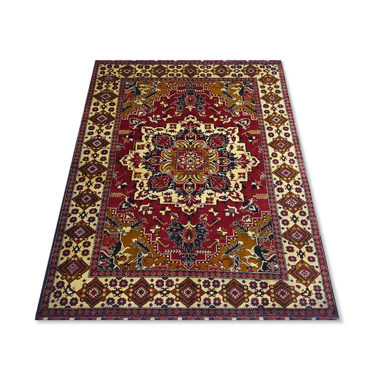 Angled view of Afghan Karghai wool rug with tribal motifs and cream border, 281 x 200 cm