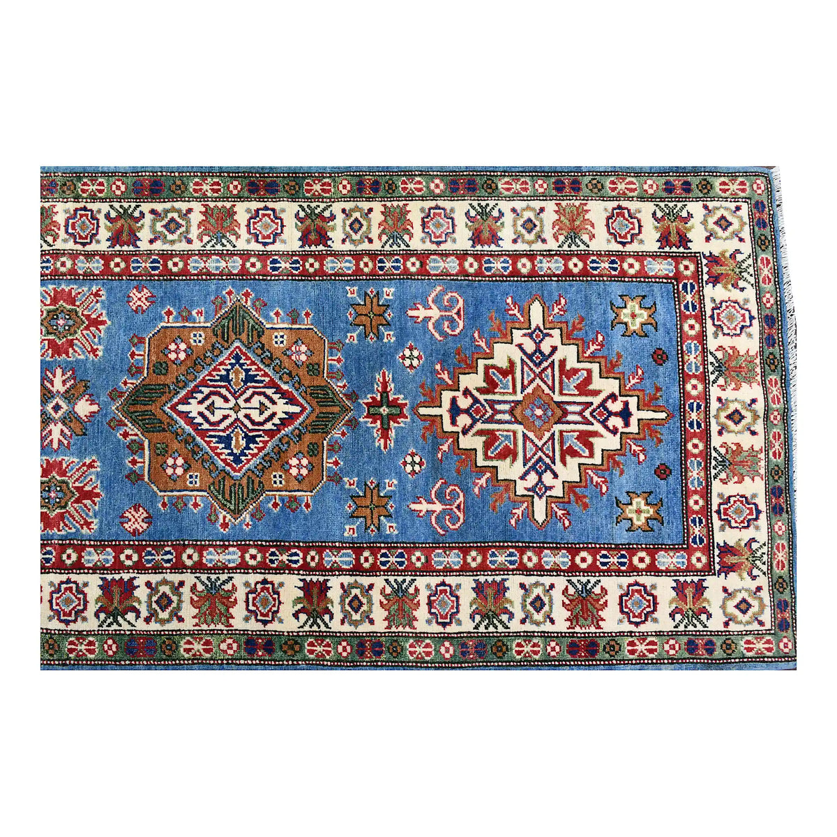 Overhead end section of Afghan Kazak runner showing polygonal medallions, small cross motifs and layered borders