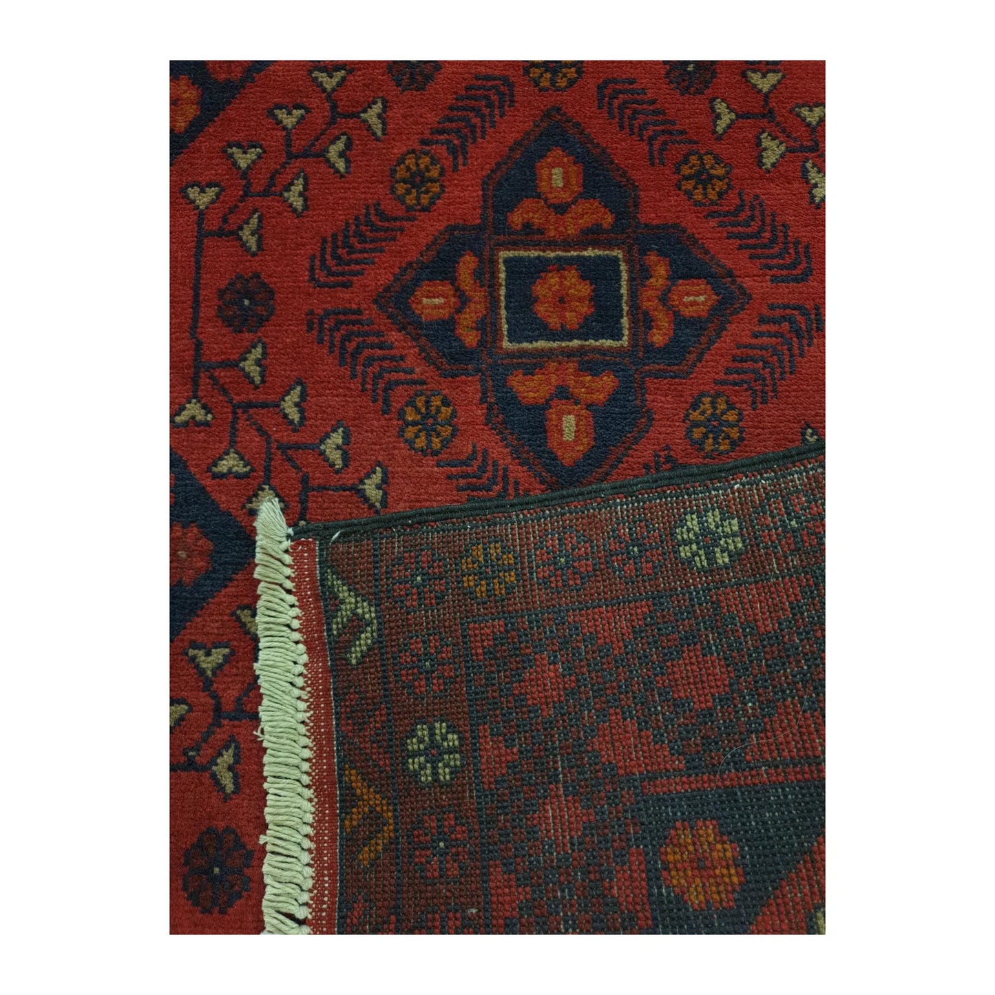 Reverse weave detail of Afghan Khal Mohammadi hand-knotted wool runner rug showing back construction and edge finish