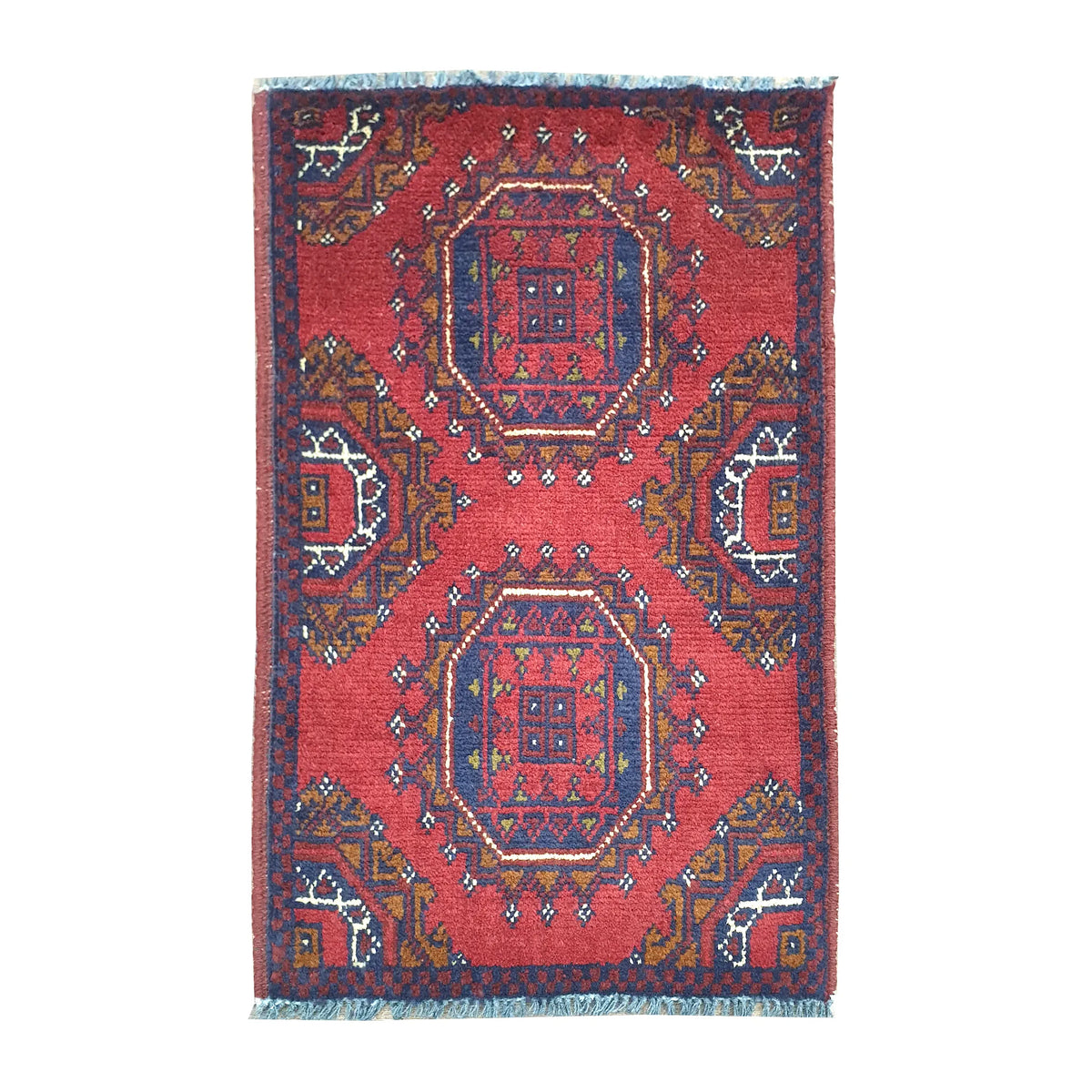 Afghan Khal Mohammadi paired medallion wool rug 63 x 42 cm full view with red field and octagonal medallion panels