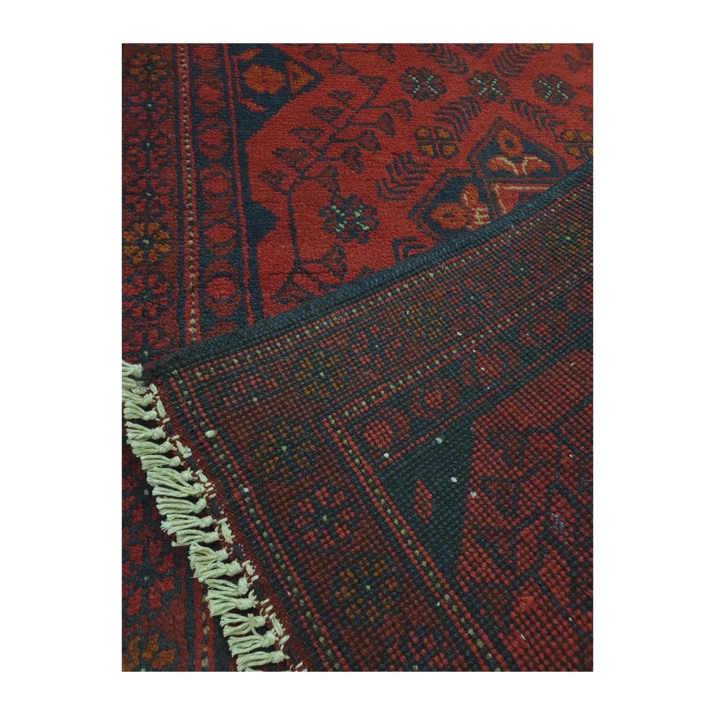 Close-up of Afghan Khal Mohammadi wool rug showing border, corner and hand-knotted texture