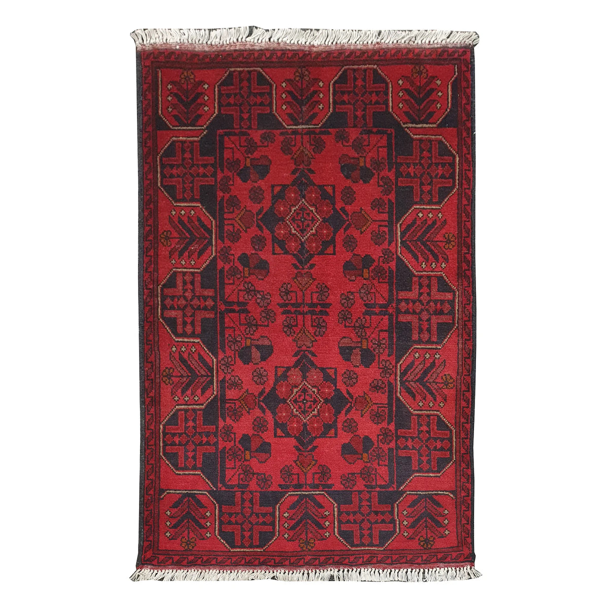 Afghan Khal Mohammadi rug 122 x 80 cm full view with deep red field and dark tribal motifs