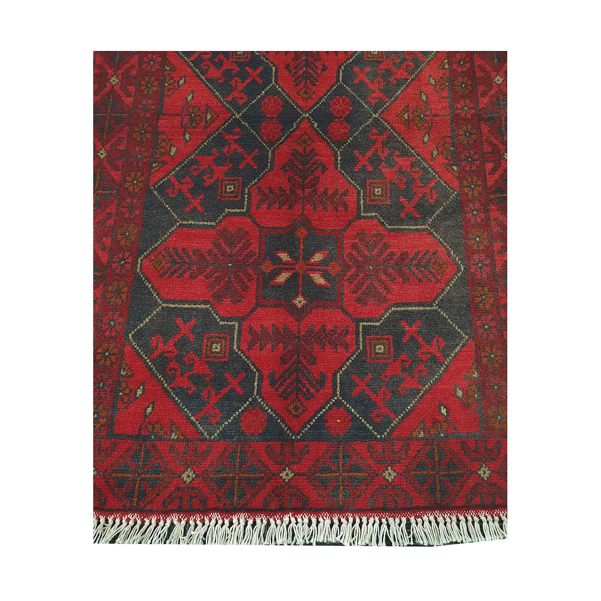 Central medallion and fringe detail of Afghan Khal Mohammadi rug with deep red field and charcoal tribal motifs
