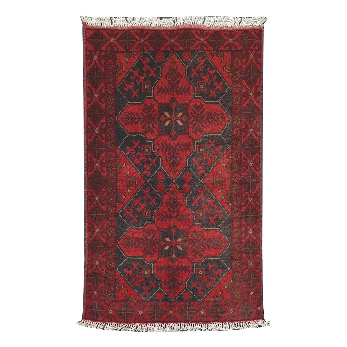 Afghan Khal Mohammadi rug 123 x 77 cm full view with deep red field and linked charcoal medallion pattern
