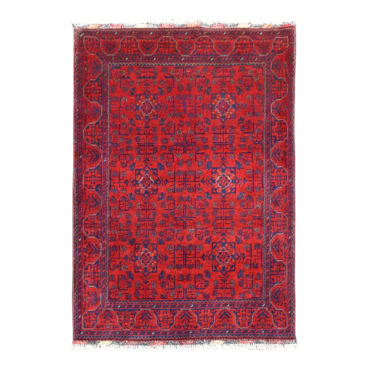Full view of Afghan Khal Mohammadi wool rug with a red field, navy floral rosettes and angular leaf borders, 149 x 105 cm