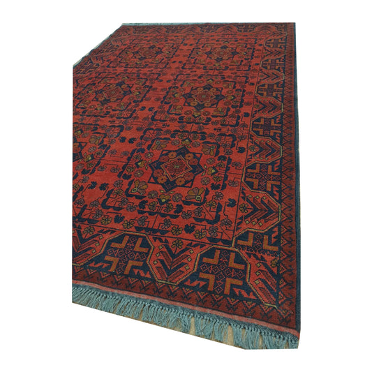 Border and fringe detail of Afghan Khal Mohammadi wool rug with dark navy pattern, 190 x 128 cm