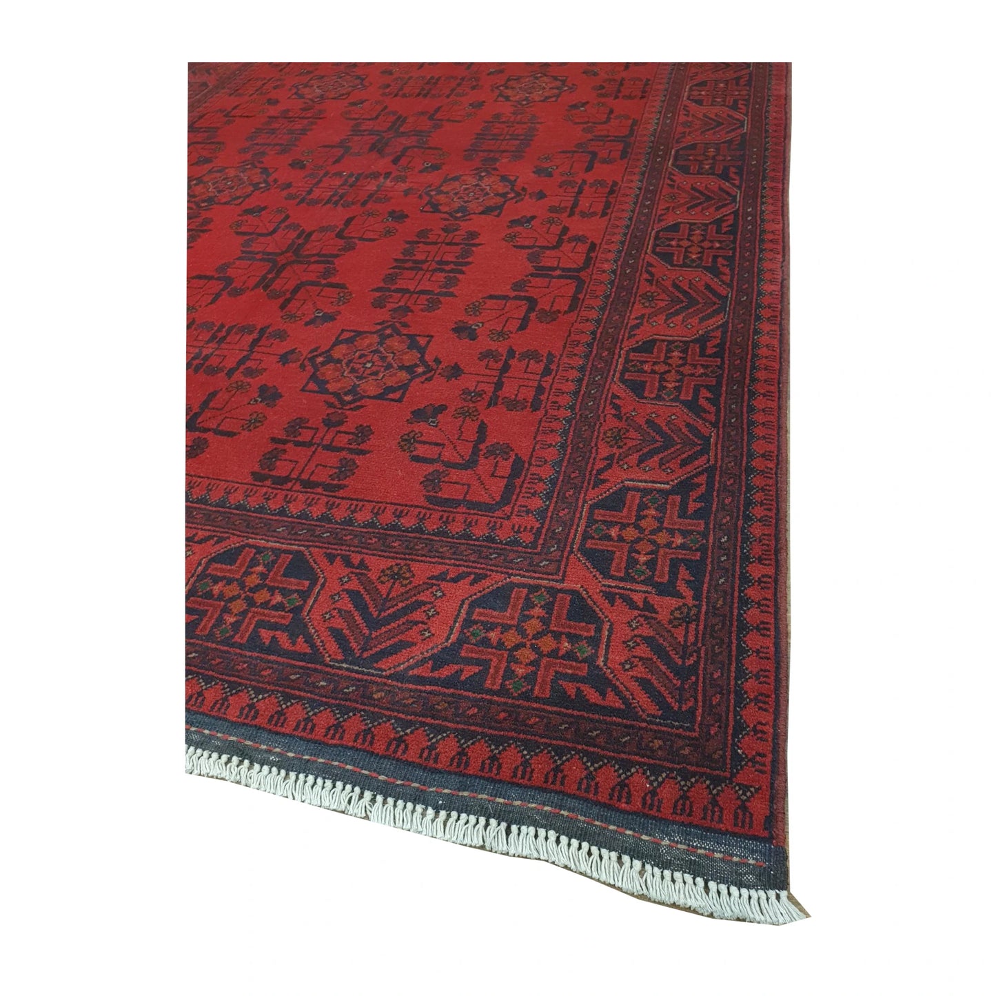 Border and fringe detail of Afghan Khal Mohammadi wool rug in red and dark navy tones, 196 x 150 cm