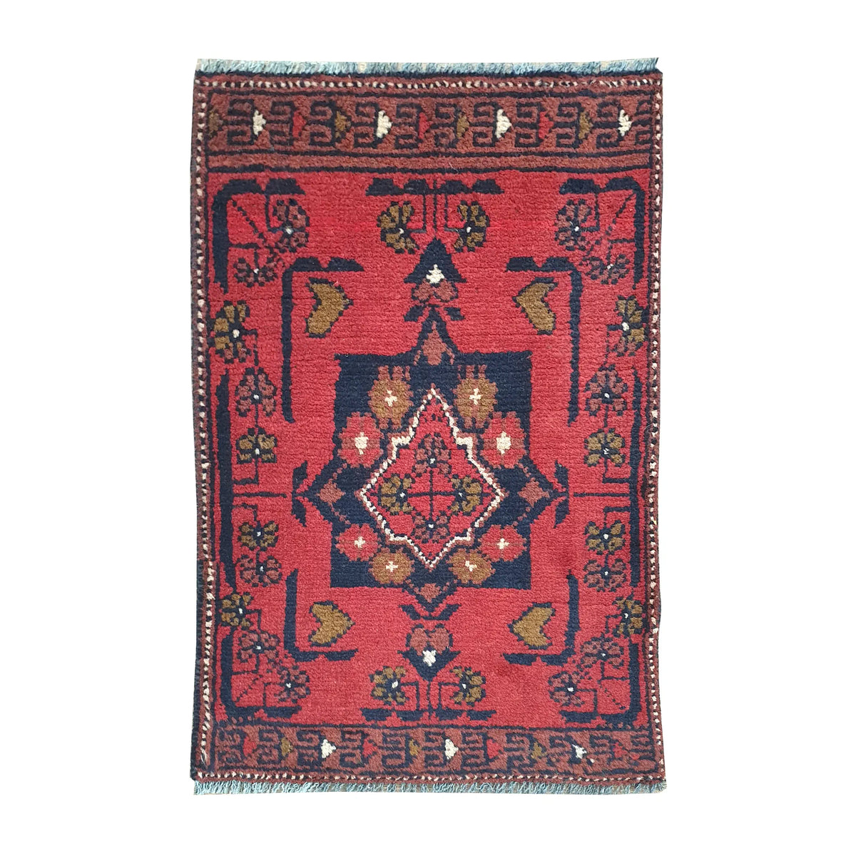 Afghan Khal Mohammadi wool rug 60 x 41 cm full view with red field, dark border and central diamond medallion